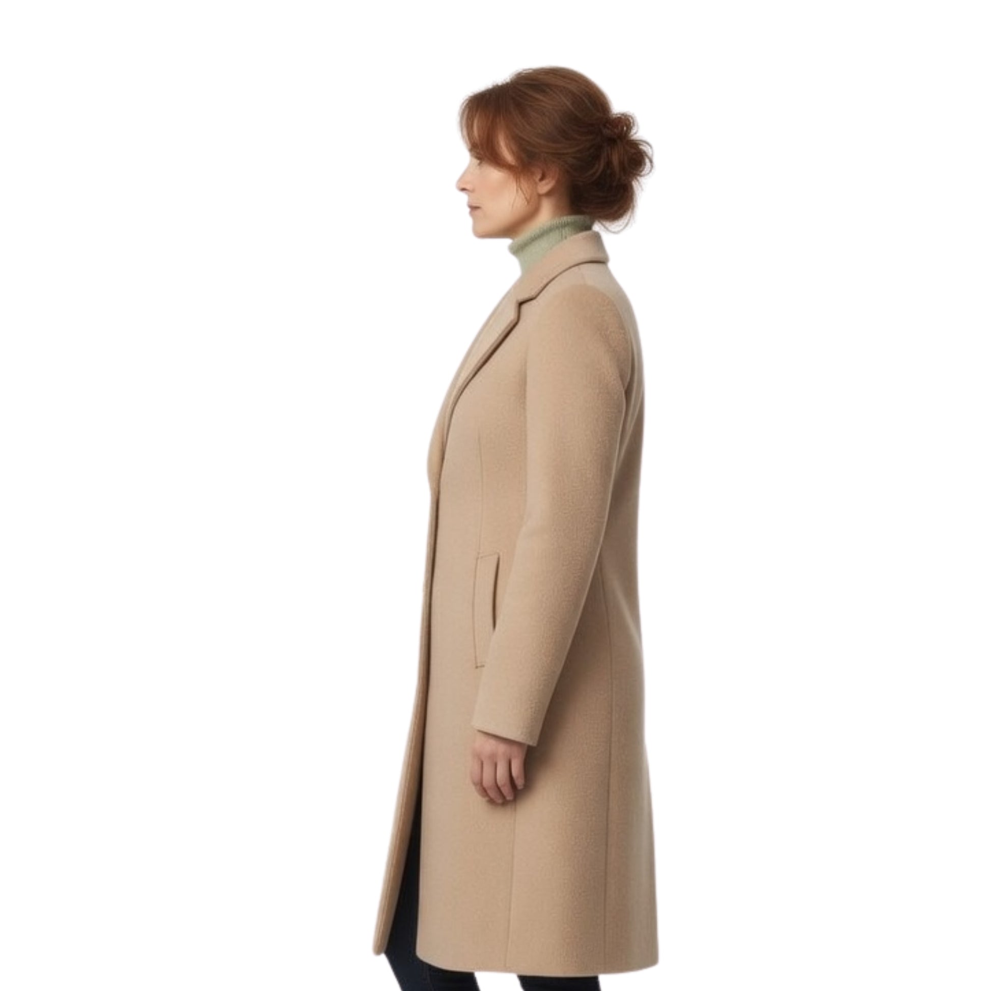 Woman wearing a beige coat on a white background
