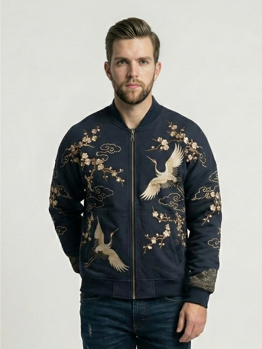 Men’s Navy Crane Embroidered Fleece Hoodie