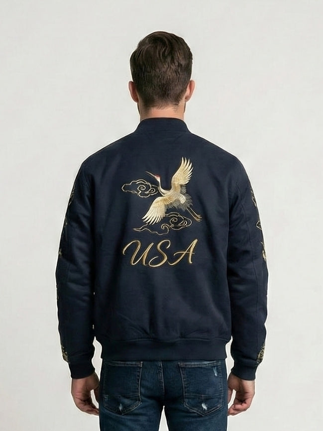Men’s Navy Crane Embroidered Fleece Hoodie