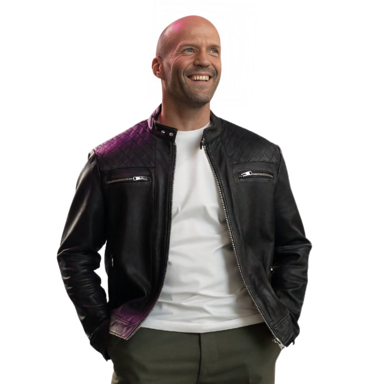 Man wearing a black leather jacket with purple accents on a white background