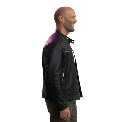 Man wearing a black leather jacket on a white background
