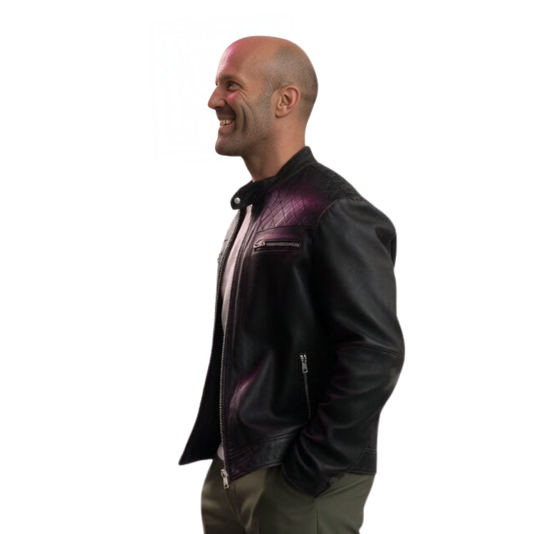 Man wearing a black leather jacket with purple accents on a white background