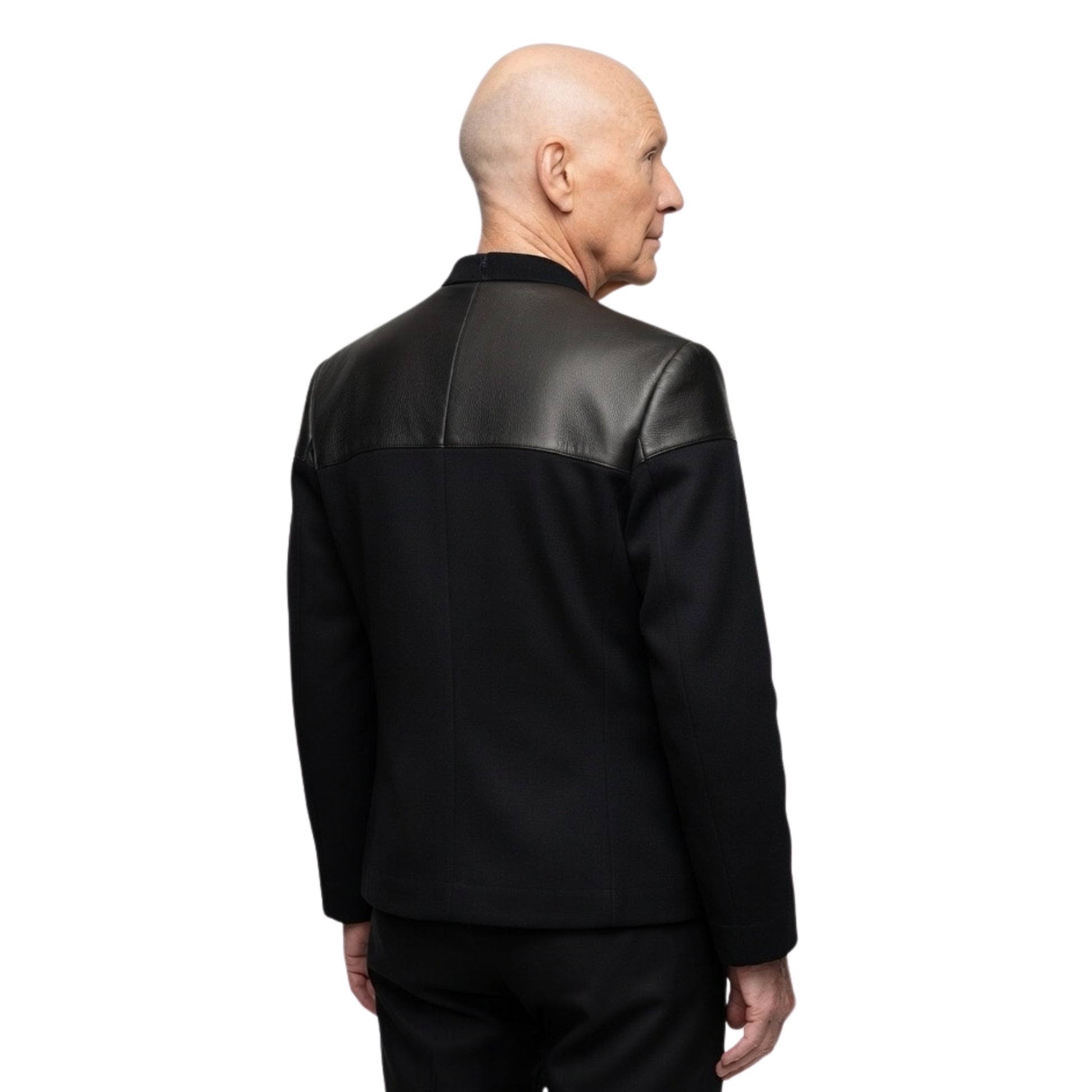 Person wearing a black leather jacket on a white background