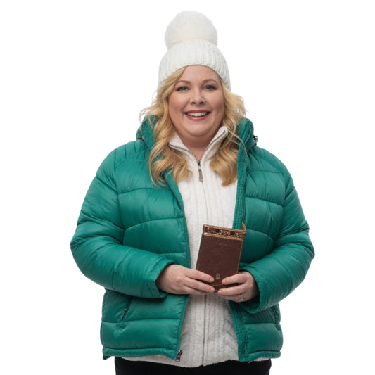 Person wearing a green puffer jacket and white beanie holding a brown book on a white background
