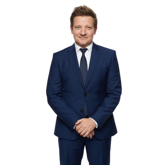 Man wearing a blue suit and tie on a white background