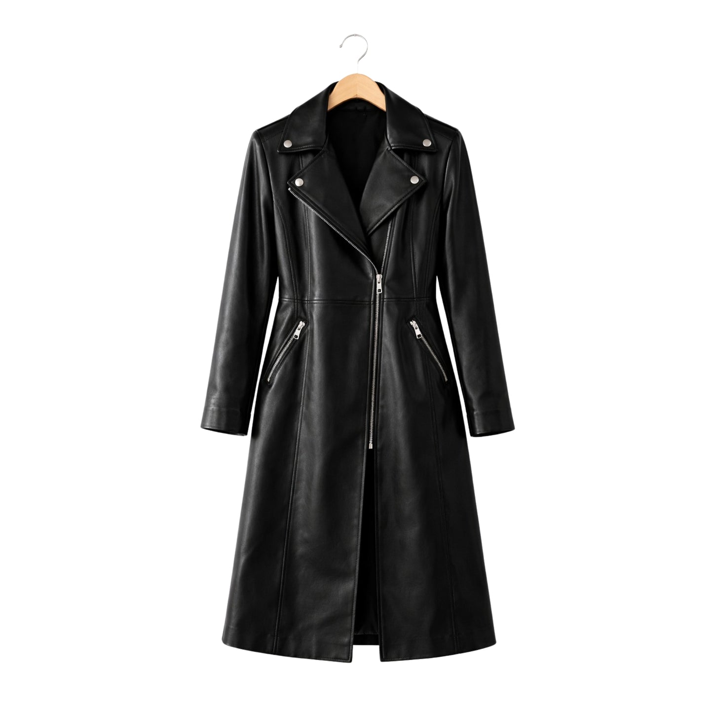 Black leather coat on a hanger against a white background