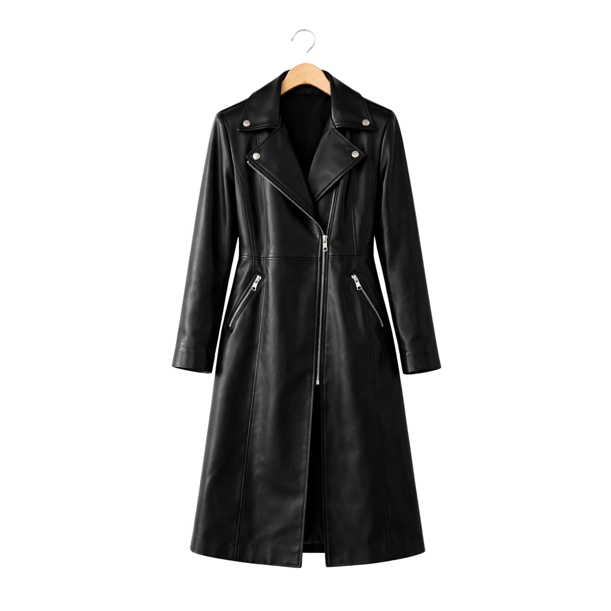 Black leather coat on a hanger against a white background
