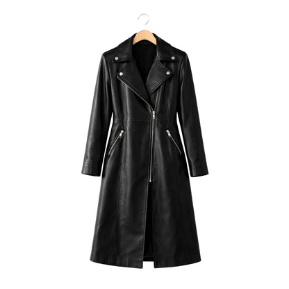 Black leather coat on a hanger against a white background