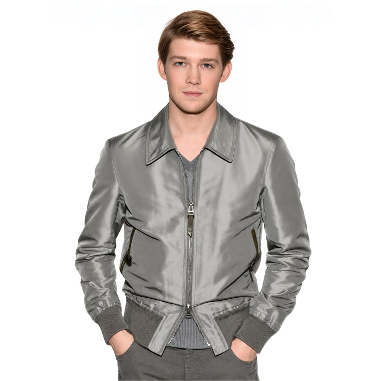 Man wearing a grey bomber jacket