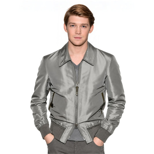 Man wearing a grey bomber jacket