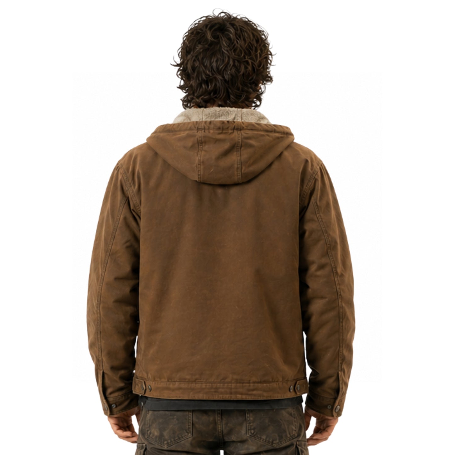 Brown jacket worn by a person on a white background