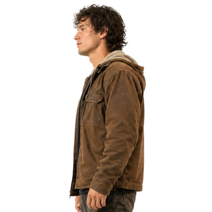 Man wearing a brown jacket with a hood on a white background