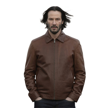 Man wearing a brown leather jacket 
