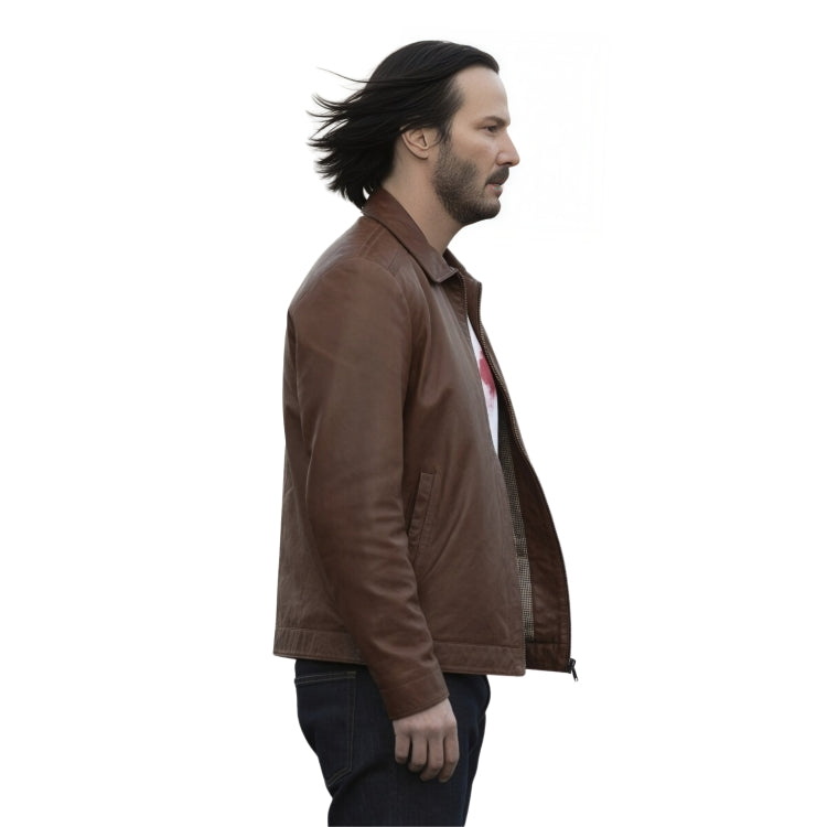 man wearing a brown leather jacket on a white background 