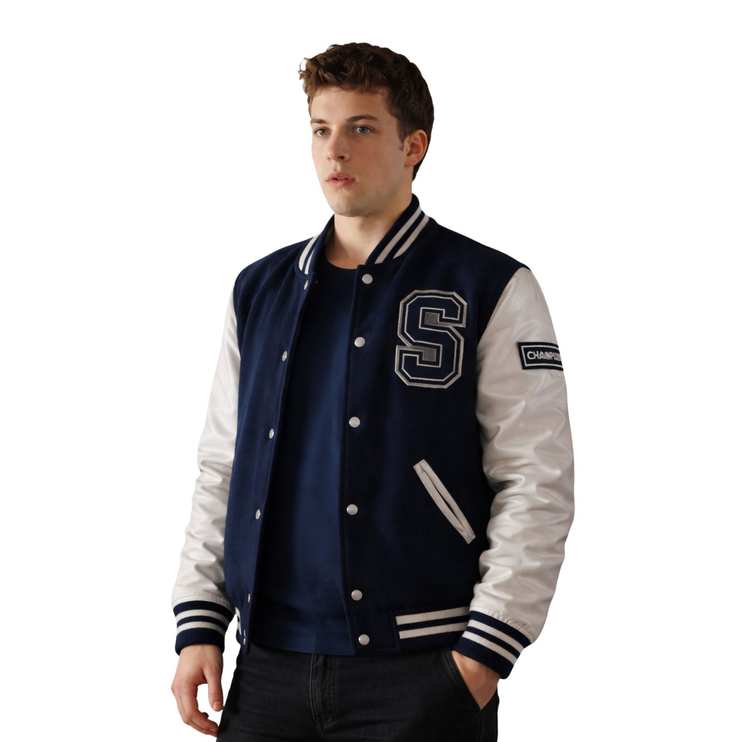 Man wearing a navy and white varsity jacket with a letter 'S' on a white background