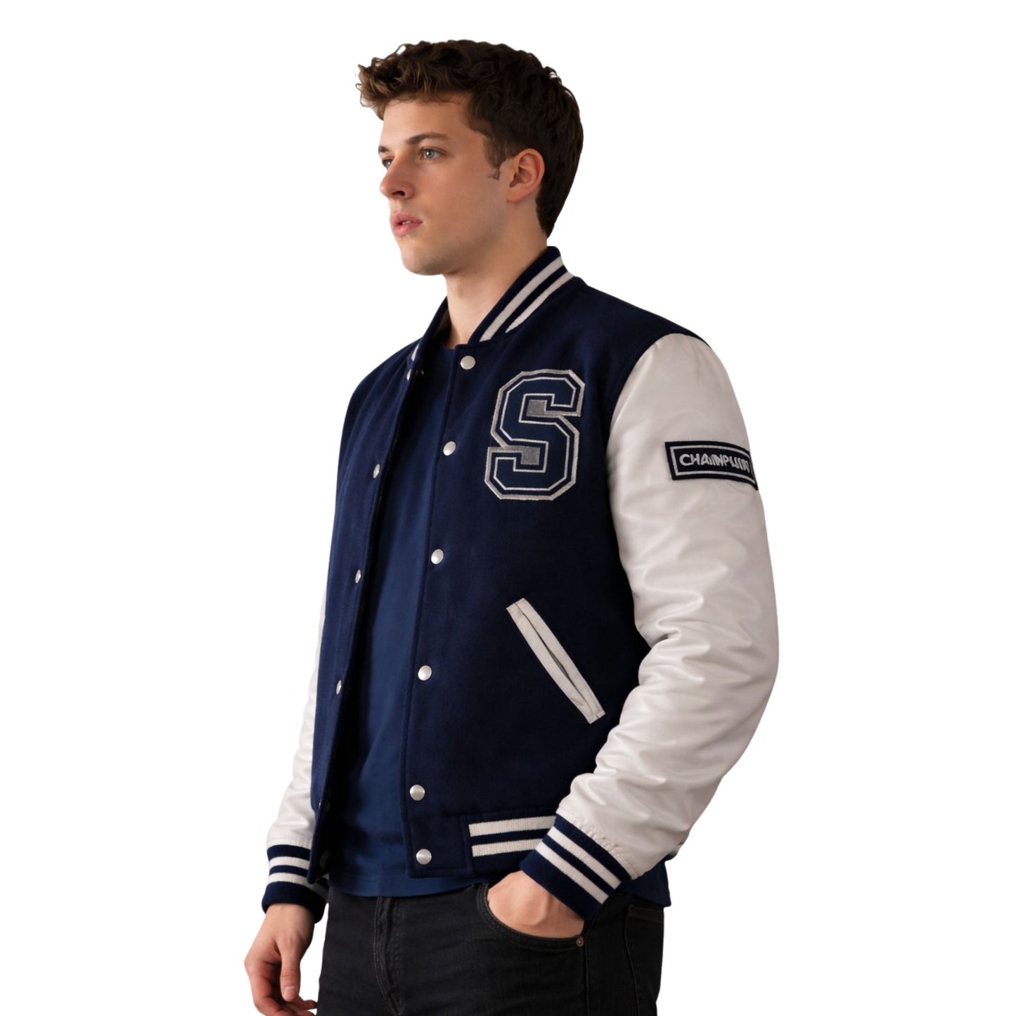 Man wearing a navy and white varsity jacket with a letter 'S' on a white background