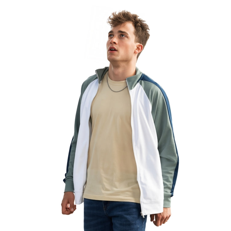 Man wearing a colorful jacket with a white background