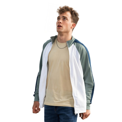 Man wearing a colorful jacket with a white background