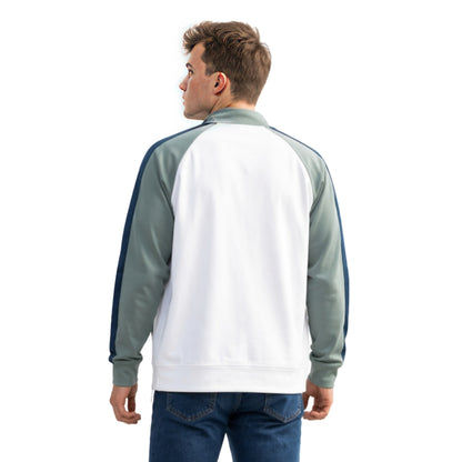 Man wearing a white and gray jacket on a white background