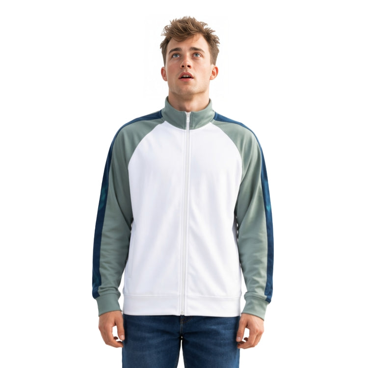 Man wearing a white and green tracksuit on a white background