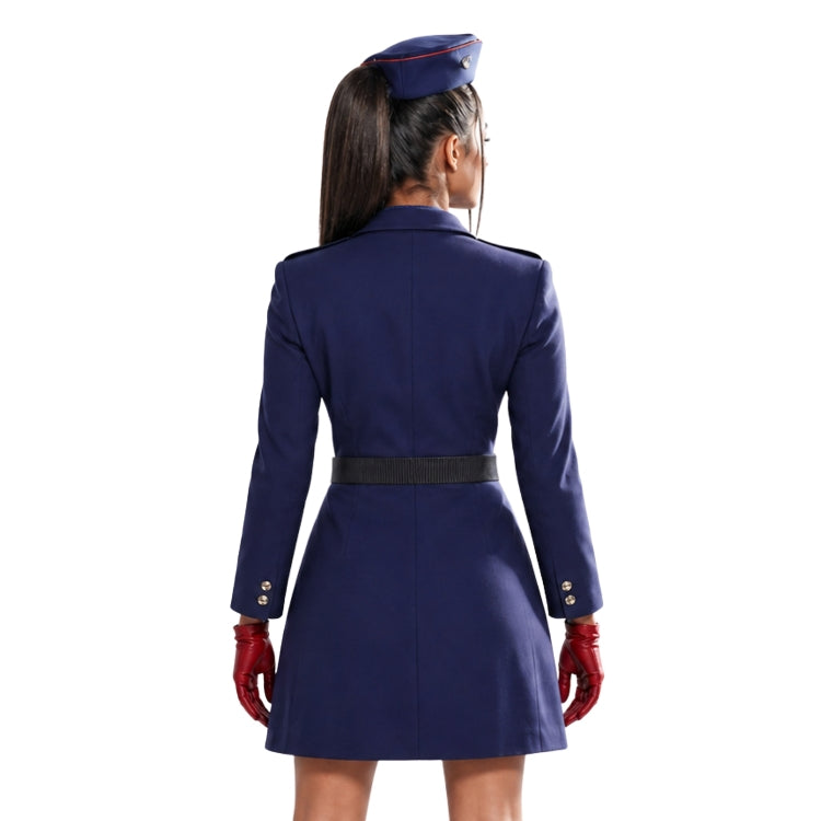 Woman wearing a blue uniform with a hat and red gloves on a white background