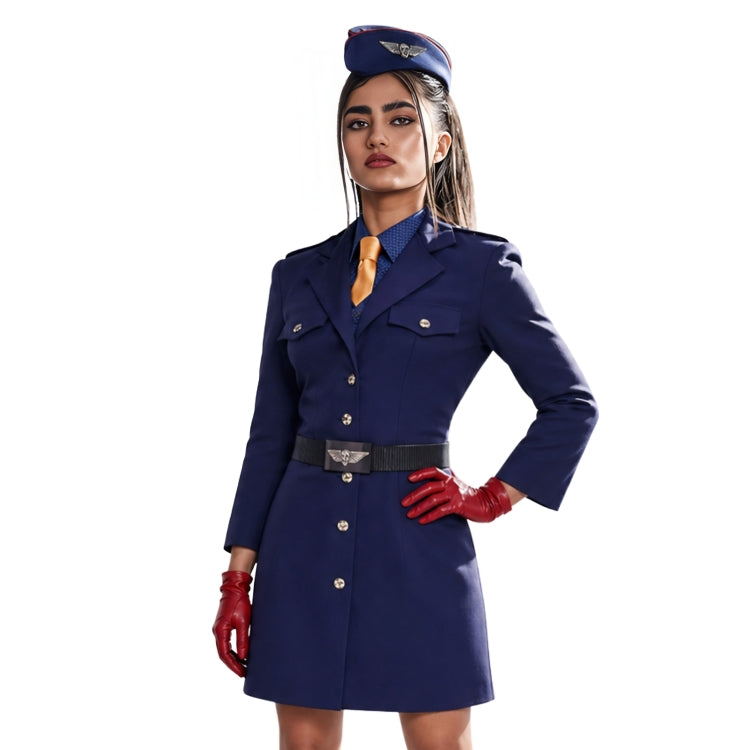 Woman wearing a blue uniform with red gloves on a white background