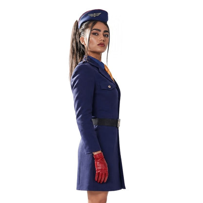 Woman wearing a blue stewardess uniform with a white background