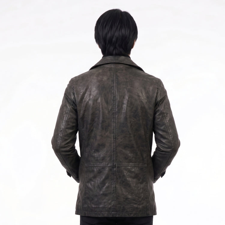 Person wearing a brown leather jacket on a white background