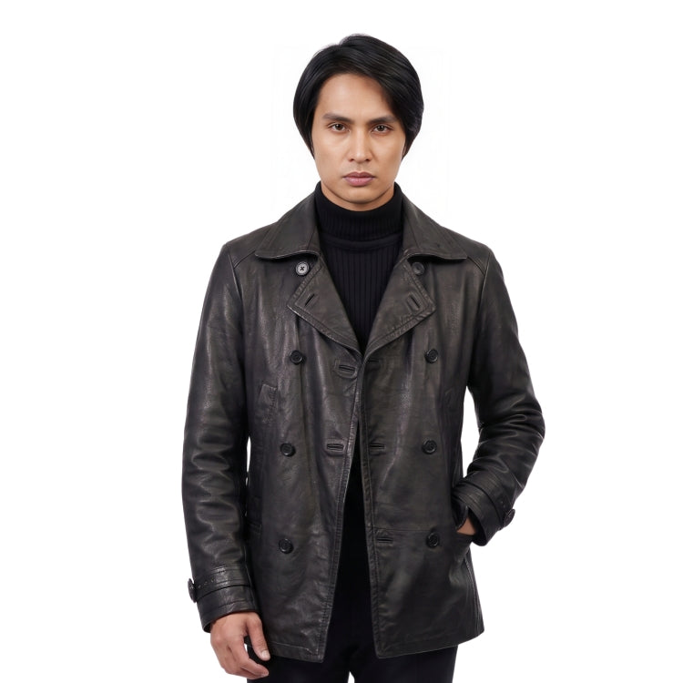 Man wearing a dark leather coat on a white background