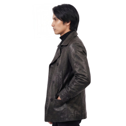Man wearing a brown leather coat on a white background