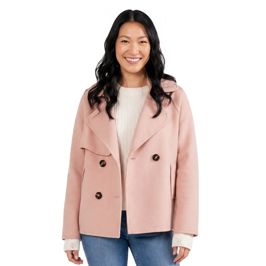 person wearing a pink pea coat