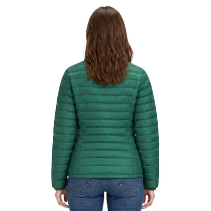 Person wearing a green puffer jacket on a white background