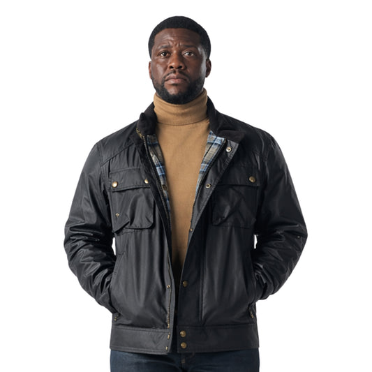 Man wearing a black jacket with plaid lining on a white background
