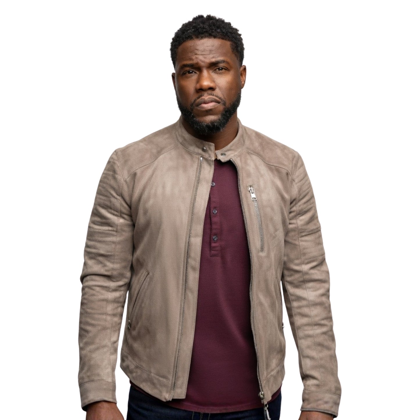 Man wearing a beige leather jacket over a maroon shirt on a white background