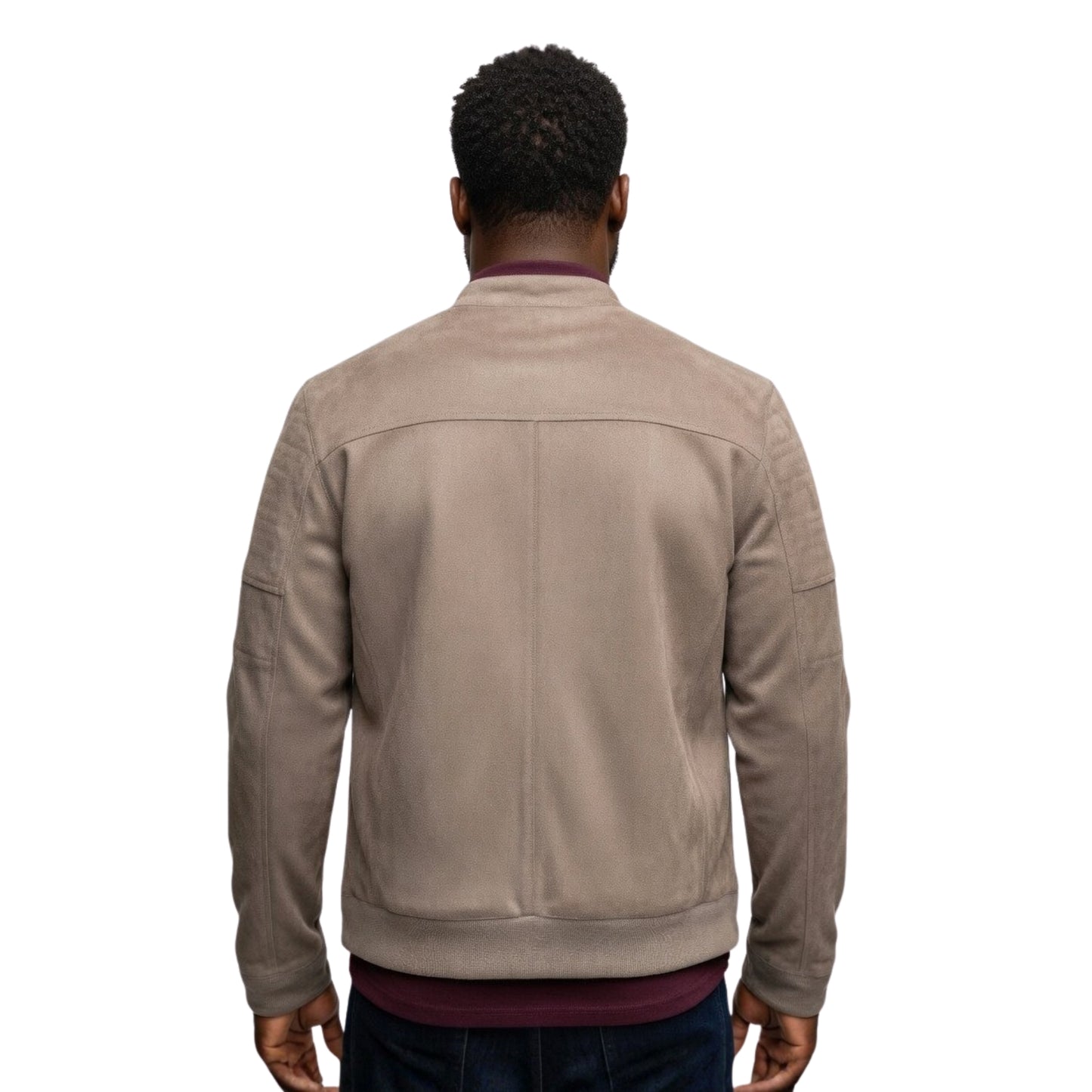Man wearing a beige jacket on a white background