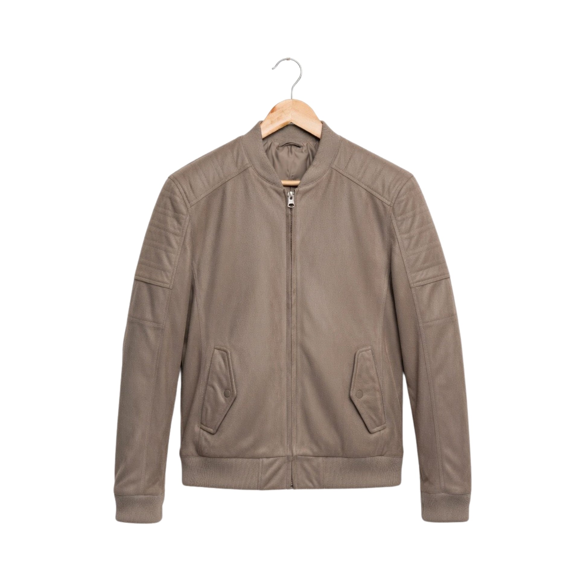 Brown jacket on a hanger against a white background