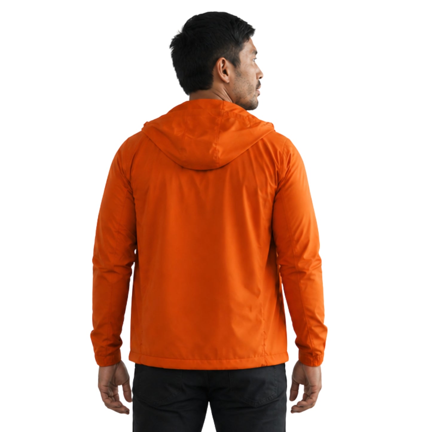 Person wearing an orange jacket on a white background