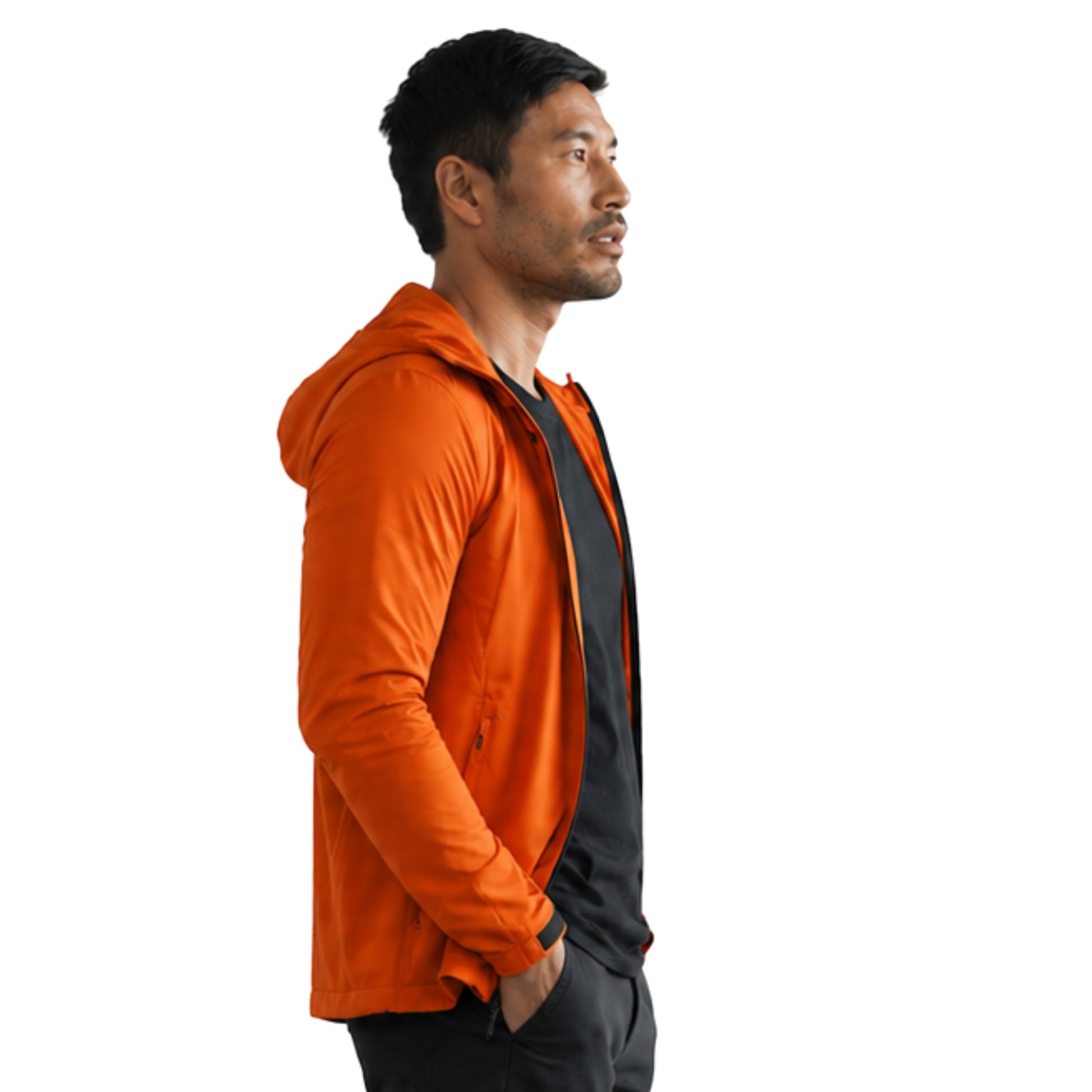 Man wearing an orange hoodie with a black shirt underneath on a white background