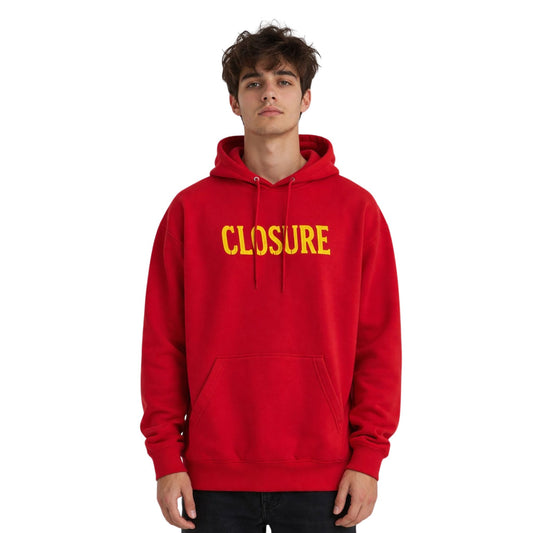 Red hoodie with 'CLOSURE' text worn by a person on a white background