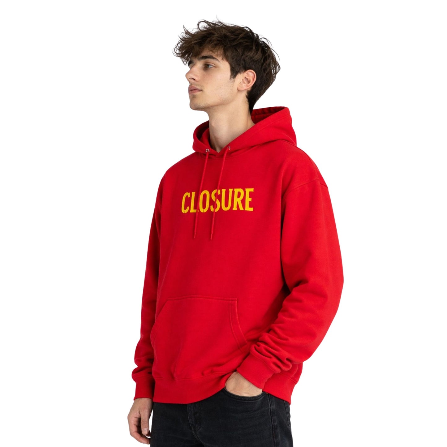 Person wearing a red hoodie with 'CLOSURE' in yellow text on a white background