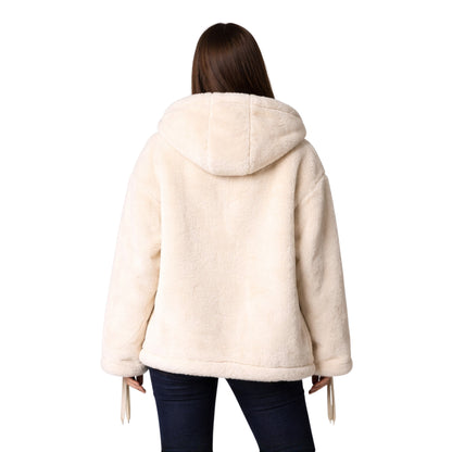 Beige hooded coat worn by a person on a white background