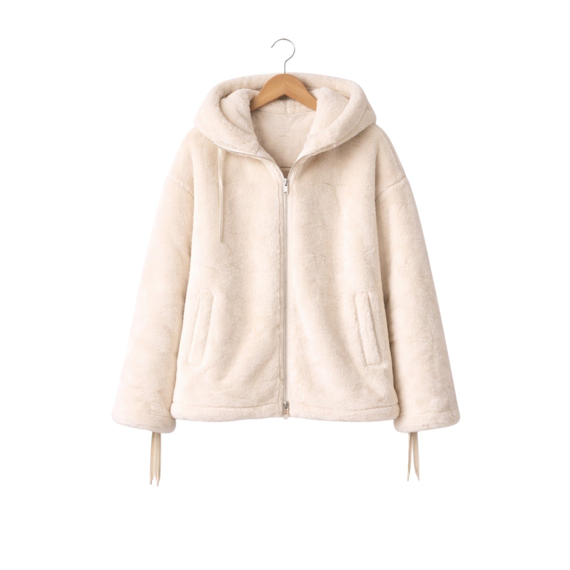 Beige hooded jacket on a hanger against a white background