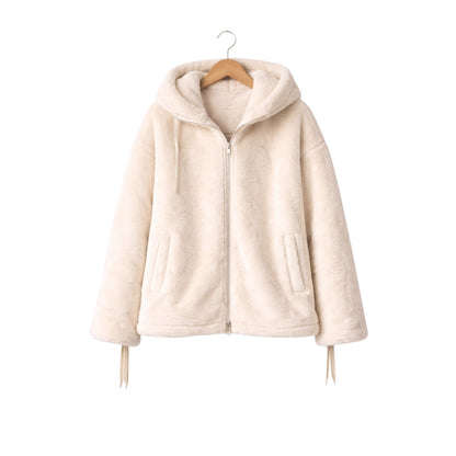 Beige hooded jacket on a hanger against a white background