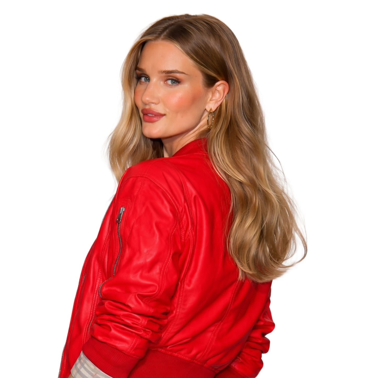 Woman wearing a red jacket on a white background