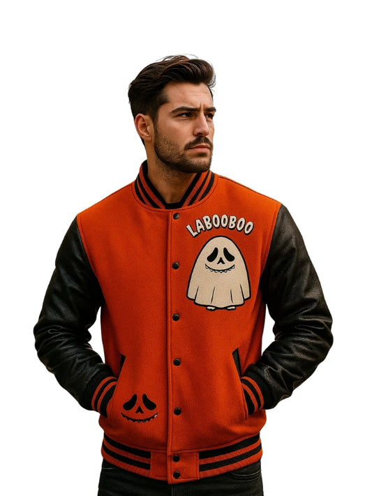 Man wearing a red and black varsity jacket with a ghost graphic and 'LABOOBOO' text.