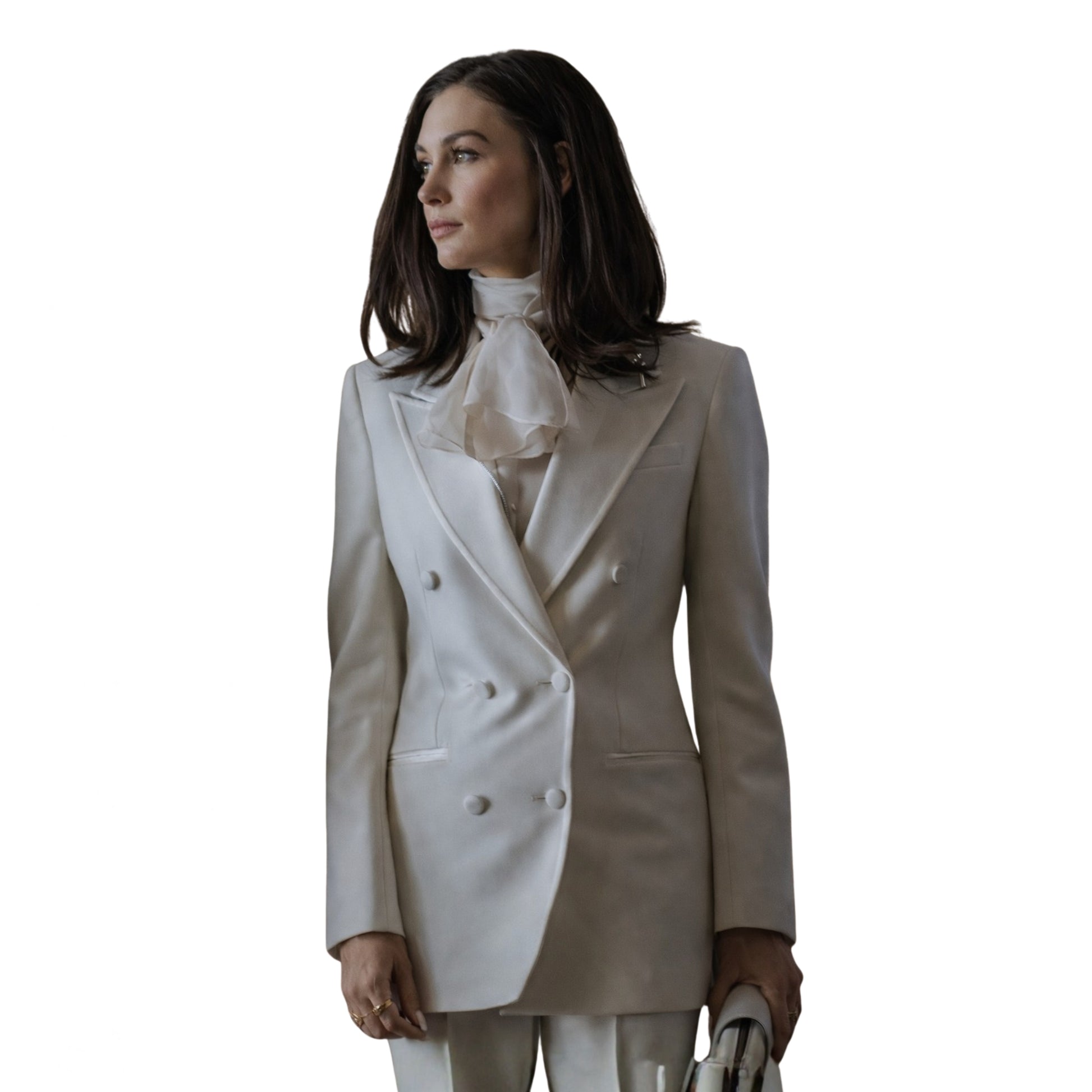 Woman wearing a two-tone blazer with a white background