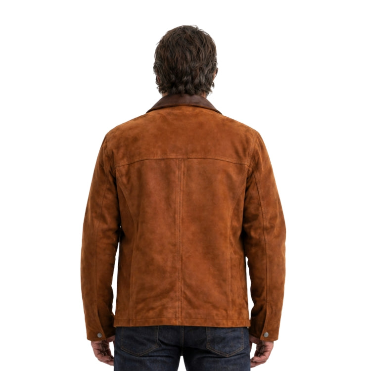 Man wearing a brown suede jacket on a white background
