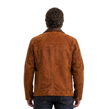 Man wearing a brown suede jacket on a white background