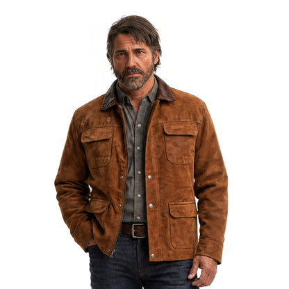 Man wearing a brown suede jacket on a white background