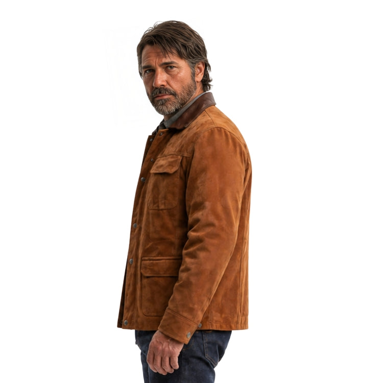 Man wearing a brown suede jacket on a white background
